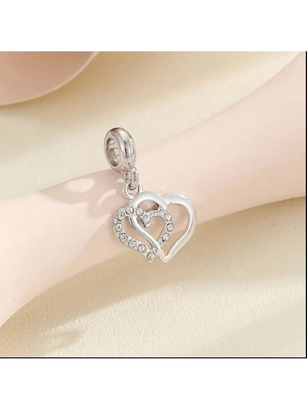 New Silver Double Heart CZ Stones Bracelet Charm